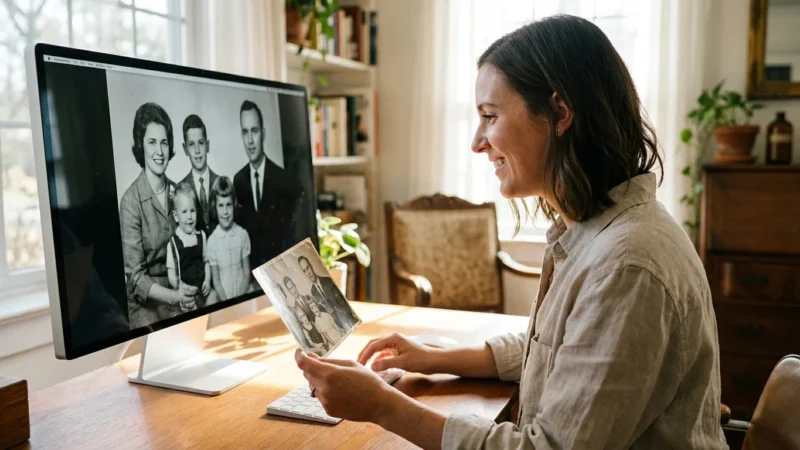 A woman comparing a vintage physical photograph to its digital version on a computer screen in a bright office.