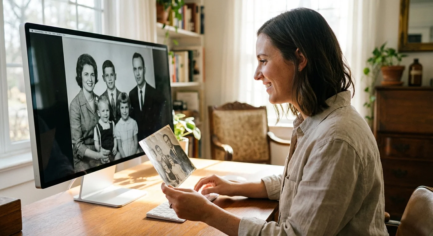 A woman comparing a vintage physical photograph to its digital version on a computer screen in a bright office.