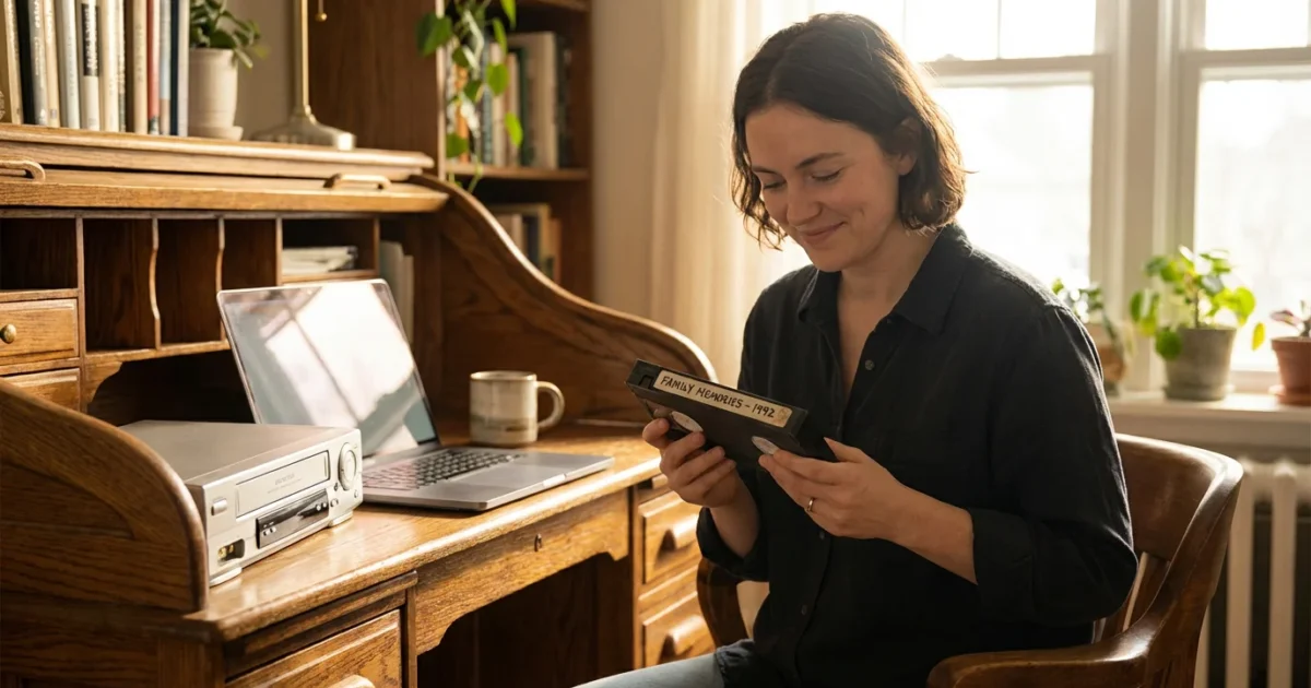 A person at a bright desk holding a VHS tape next to a laptop, representing the bridge between analog and digital.