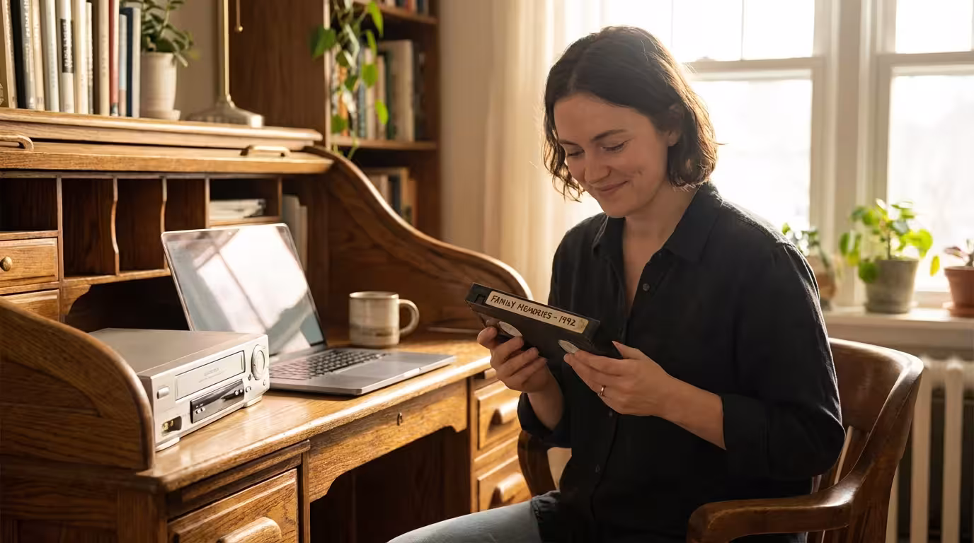 A person at a bright desk holding a VHS tape next to a laptop, representing the bridge between analog and digital.