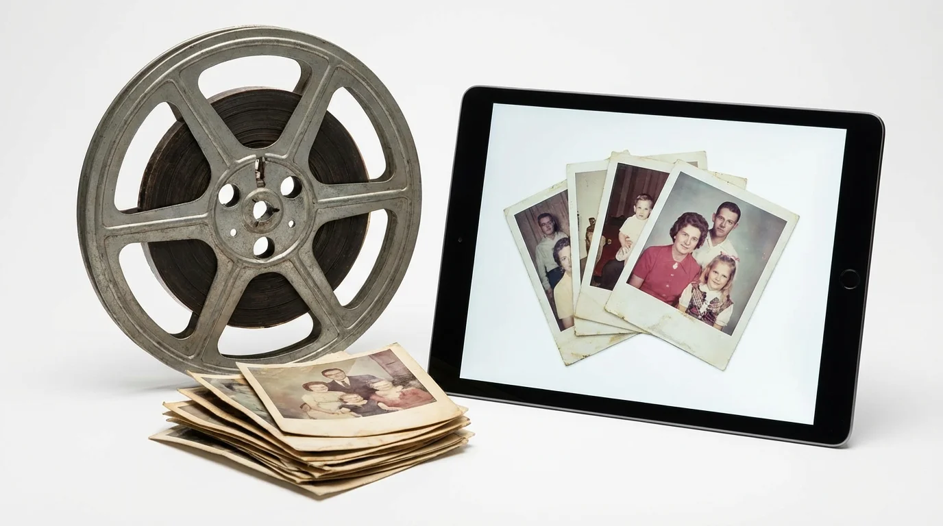 Vintage film reels next to a tablet showing digitized family photos.