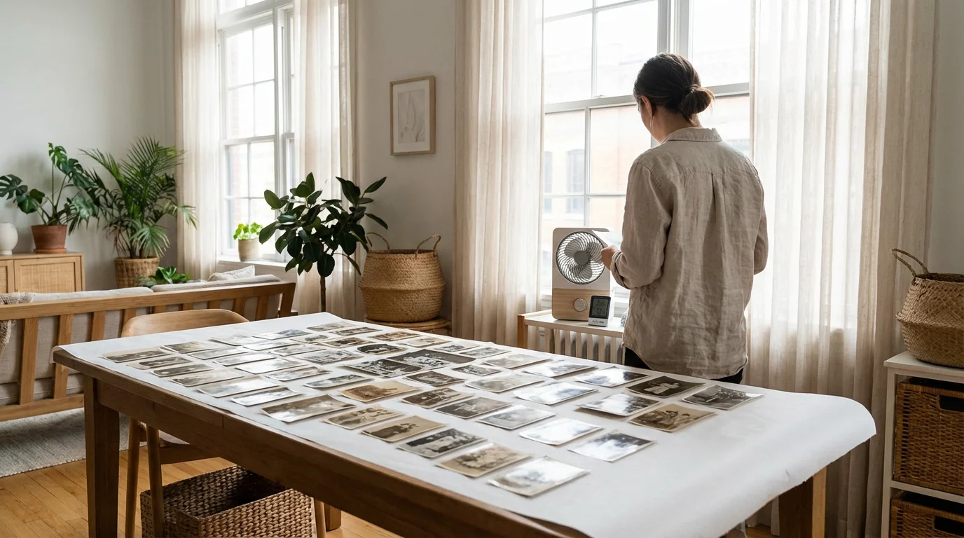 Vintage photographs laid out to dry on white paper towels in a bright room.