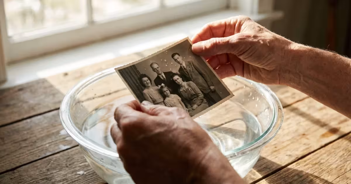 Close-up of hands rescuing a wet vintage photograph from a water basin in soft natural light.