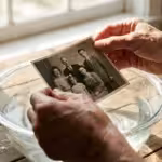 Close-up of hands rescuing a wet vintage photograph from a water basin in soft natural light.