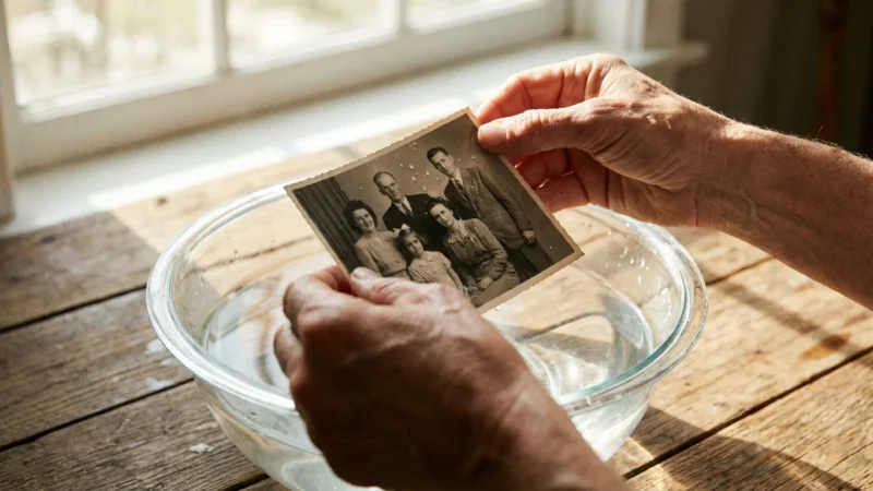 Close-up of hands rescuing a wet vintage photograph from a water basin in soft natural light.