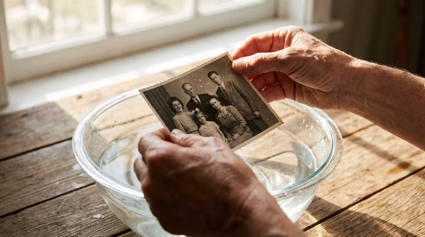 Close-up of hands rescuing a wet vintage photograph from a water basin in soft natural light.