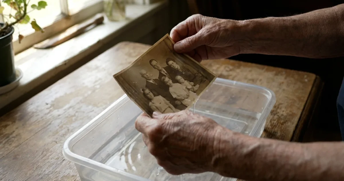 Hands gently lifting a wet vintage photo from a tray of water in soft light.