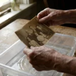 Hands gently lifting a wet vintage photo from a tray of water in soft light.