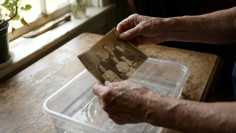Hands gently lifting a wet vintage photo from a tray of water in soft light.