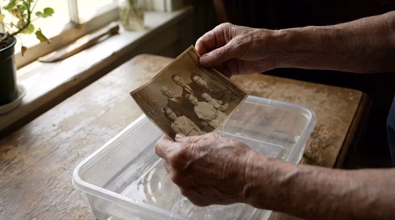 Hands gently lifting a wet vintage photo from a tray of water in soft light.