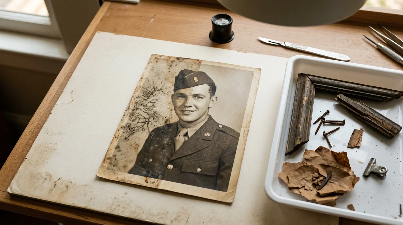 A vintage photograph of a soldier beside restoration tools, wooden frame pieces, nails, and scrap paper on a desk.