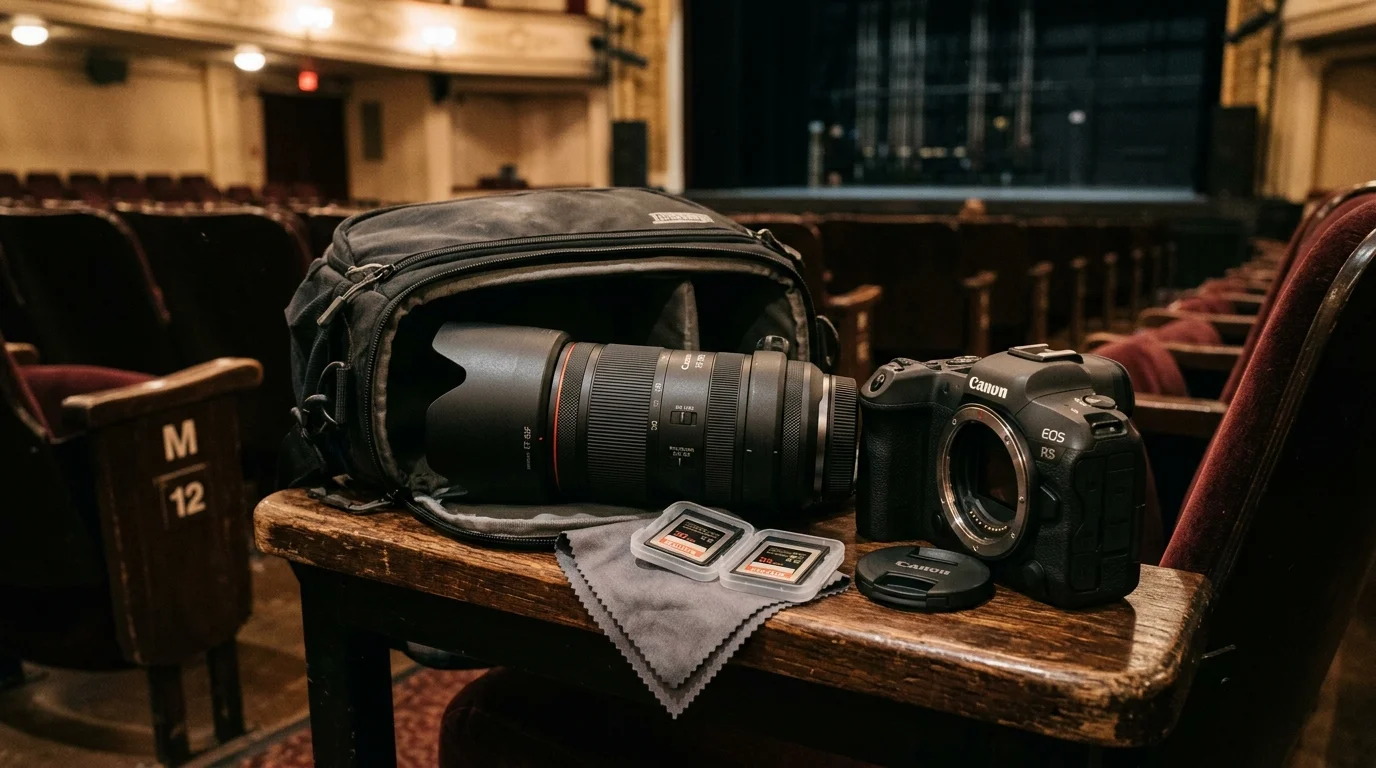A camera body, telephoto lens, gear bag, and memory cards resting on a wooden ledge inside an empty theater.