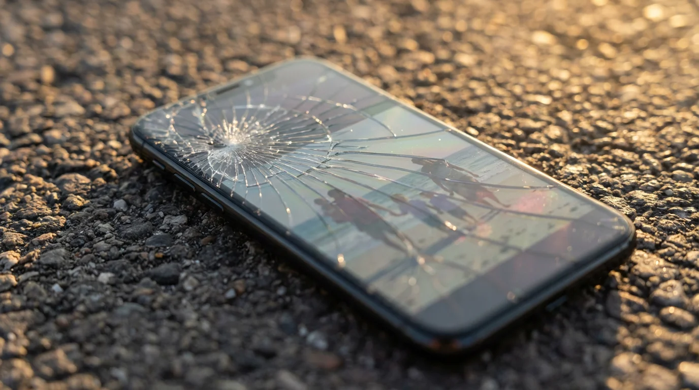 A close-up macro shot of a smartphone with a shattered screen on pavement.