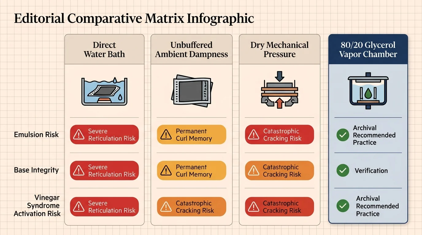 Comparative matrix diagram evaluating four film flattening methods across emulsion risk, base integrity, and vinegar syndrome.