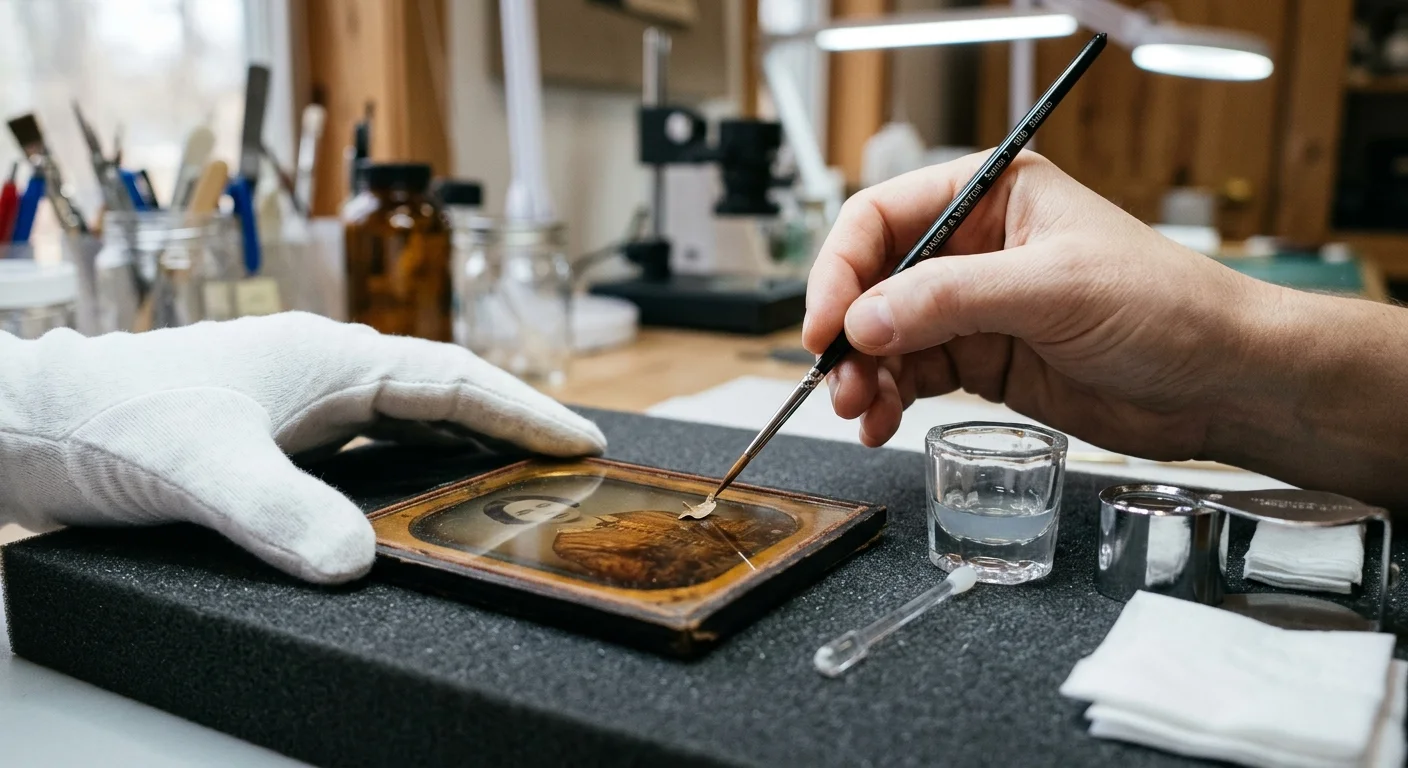 A conservator using a fine brush on an antique portrait plate resting flat on a black foam block.