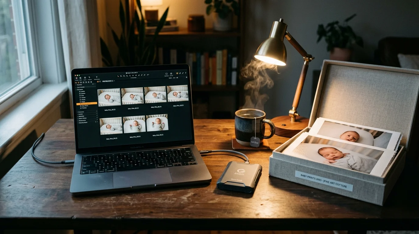 Laptop showing baby photos beside an external drive, desk lamp, steaming mug, and open archival box of prints.