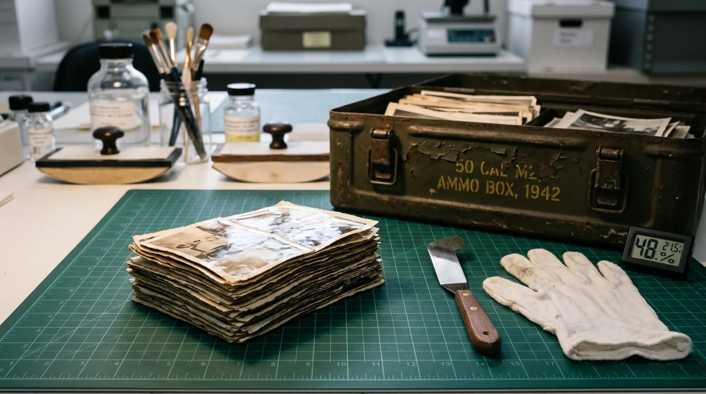 A stack of vintage photographs on a green cutting mat beside a spatula, white glove, and 1942 metal ammo box.