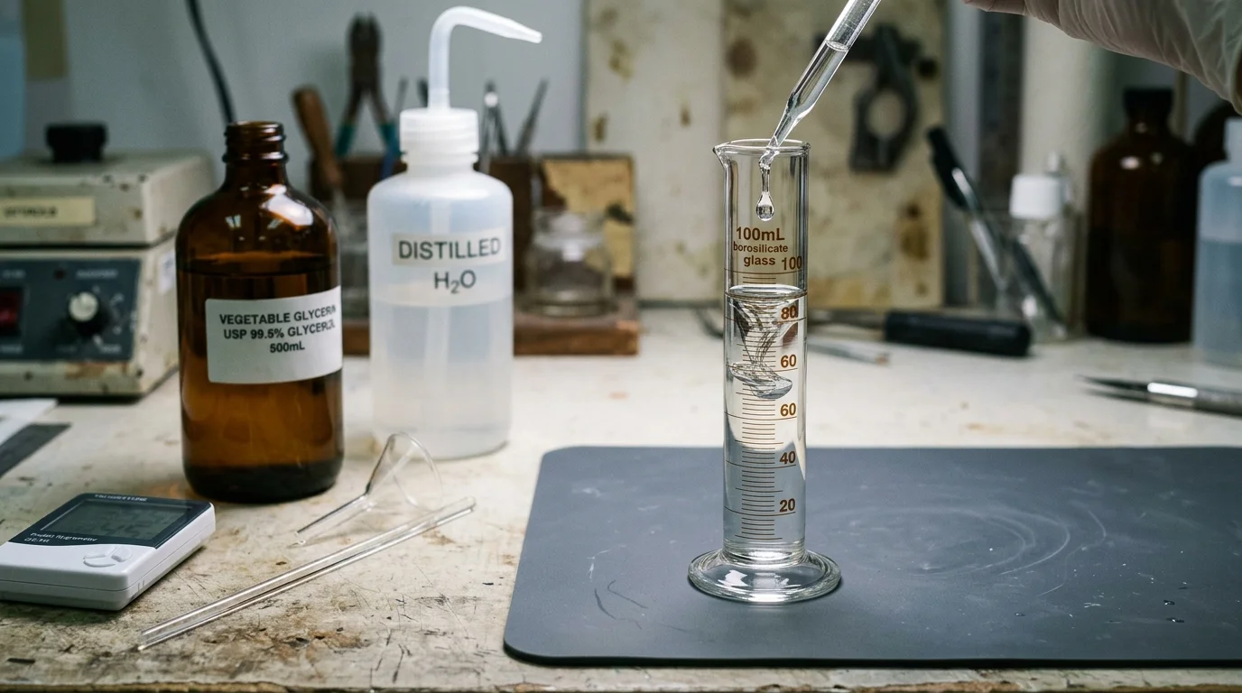 Liquid dripped from a pipette into a graduated cylinder beside bottles of vegetable glycerin and distilled water.