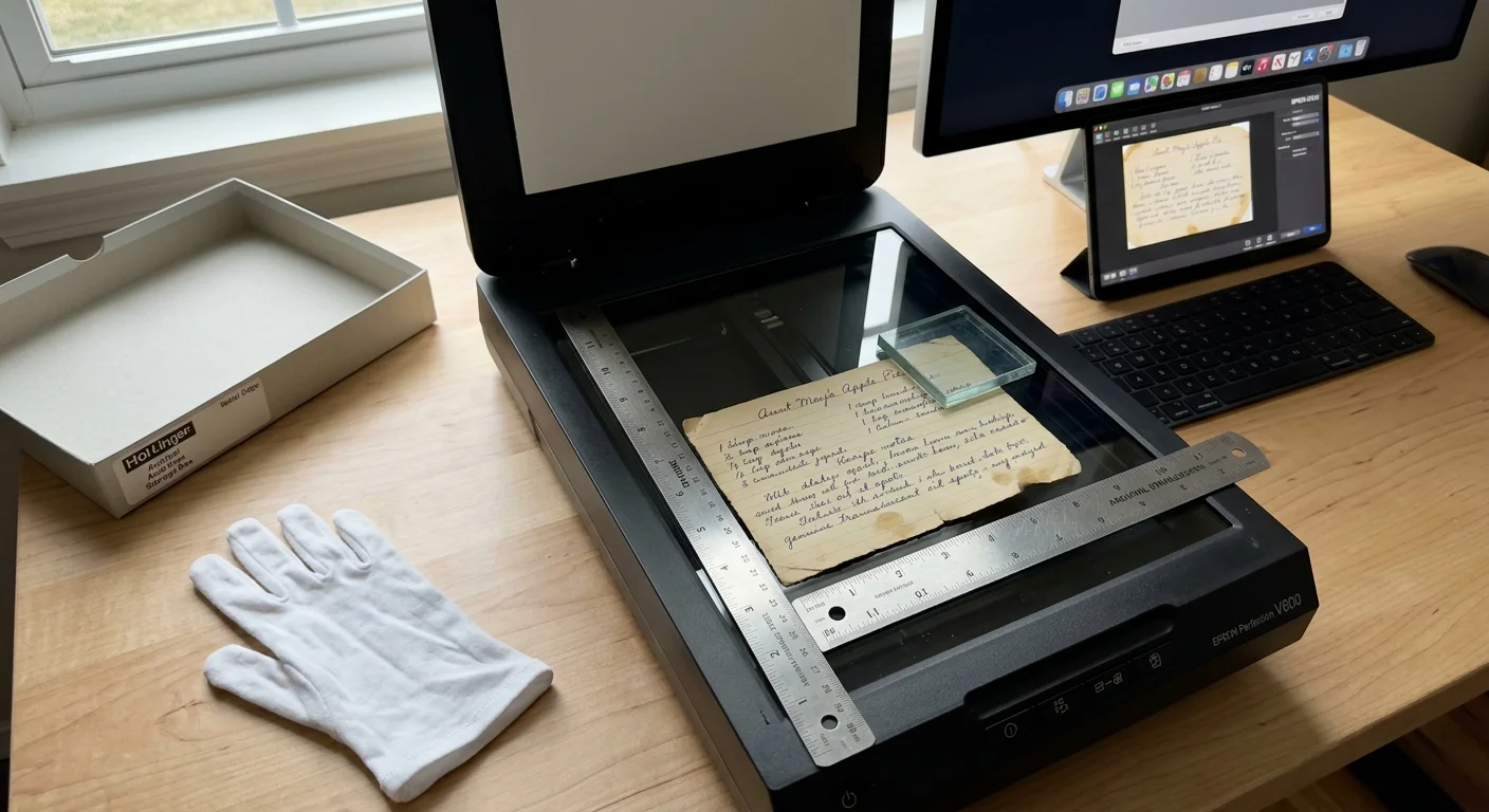 A handwritten recipe card sits on an open flatbed scanner aligned with metal rulers next to a white glove and monitor.
