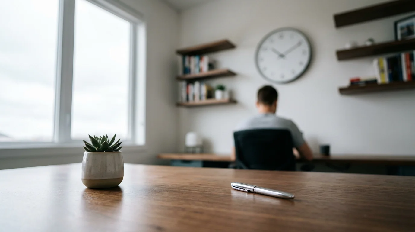 A modern home office desk in sharp focus with a softly blurred background.