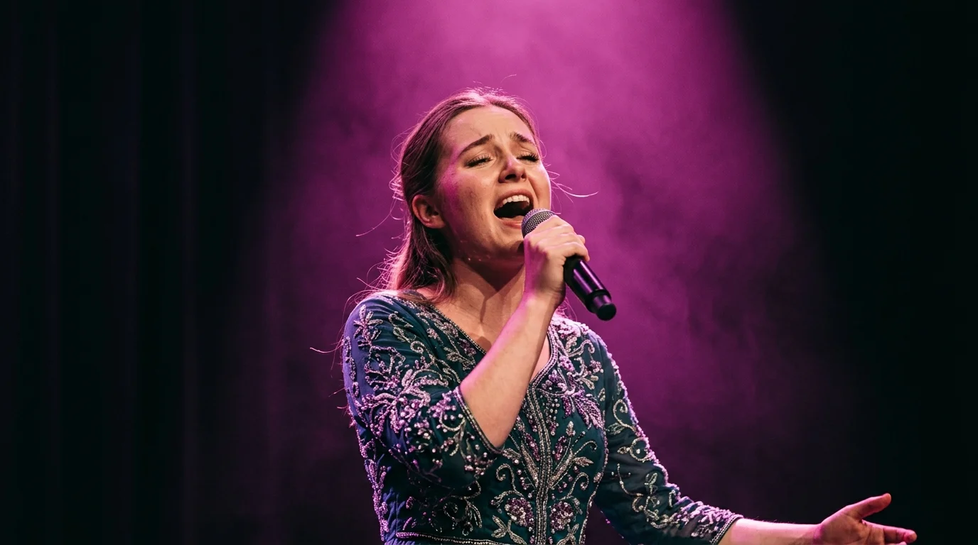 A female singer in an embroidered teal dress sings into a microphone illuminated by a dramatic magenta spotlight.