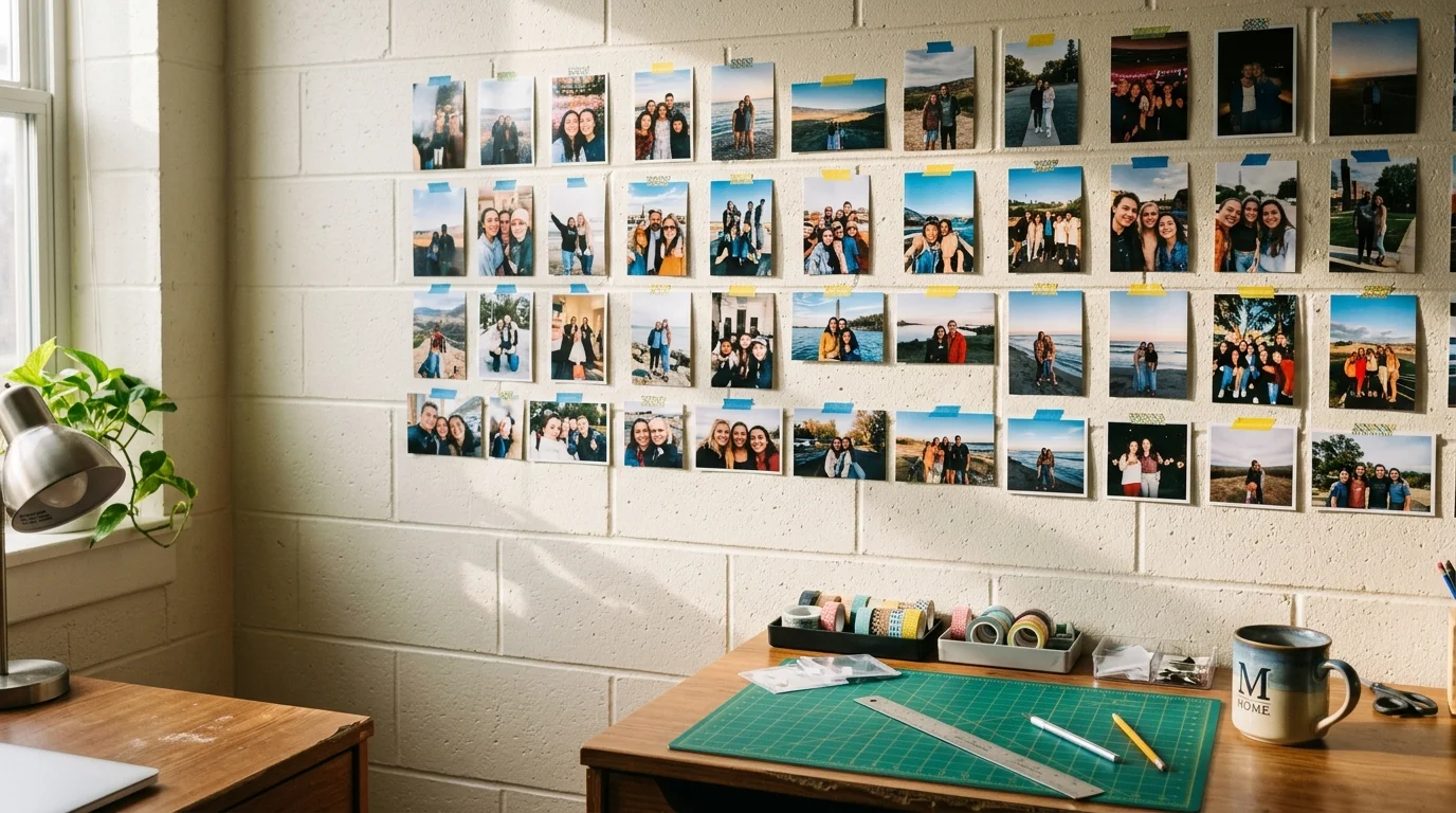 A grid of small personal photos taped to a white cinder block wall above a wooden desk with craft supplies.