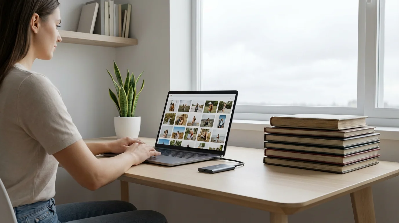 A person at a modern desk organizing scanned digital photos on a laptop and external drive.