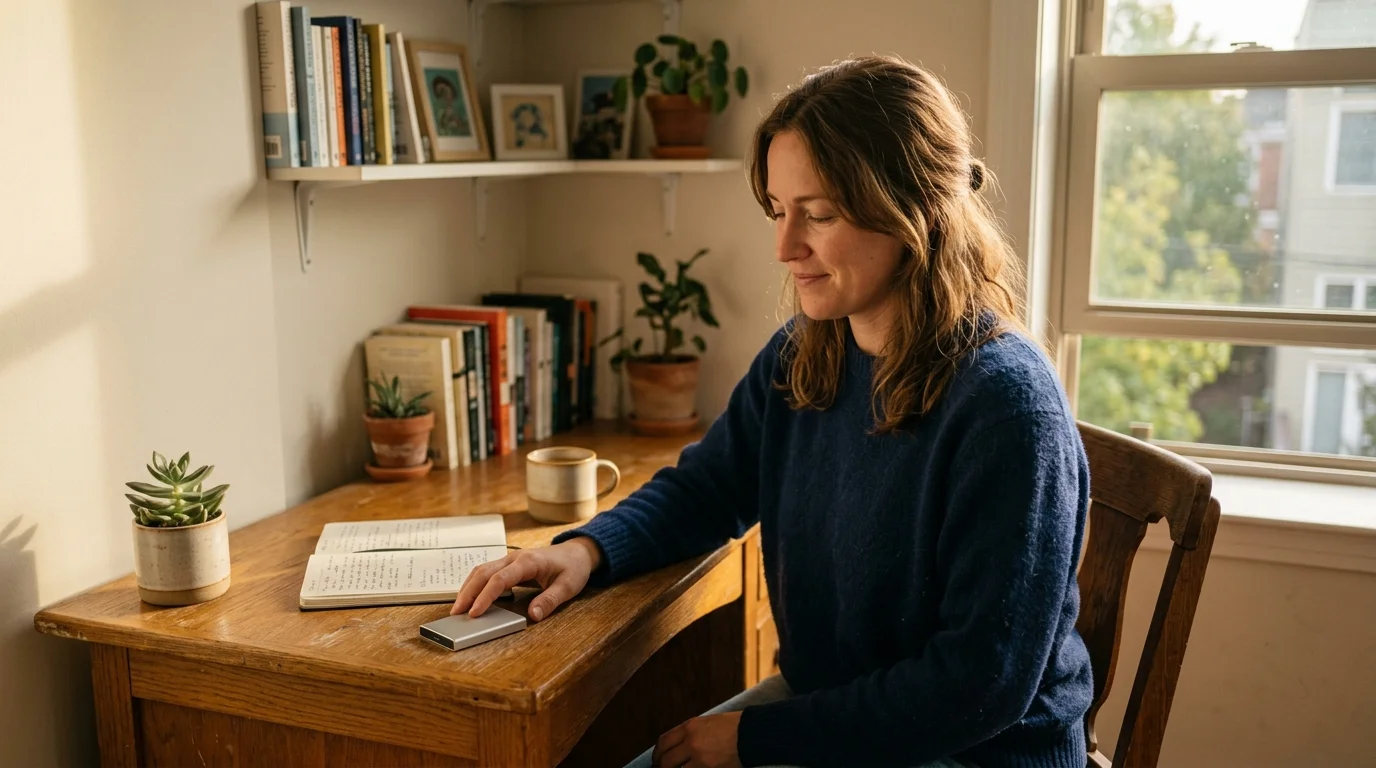 A woman sitting at a wooden desk by a window with her hand resting on a small external hard drive.