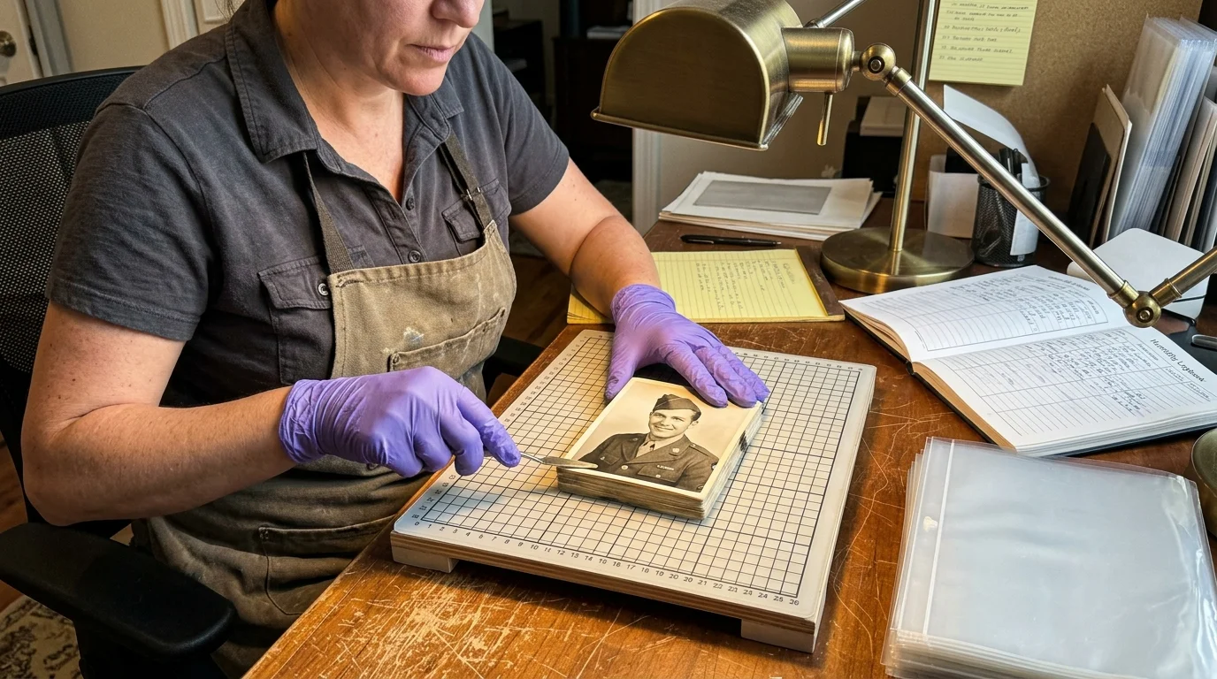 A conservator wearing purple gloves uses a spatula to inspect a thick stack of vintage military portrait photographs.
