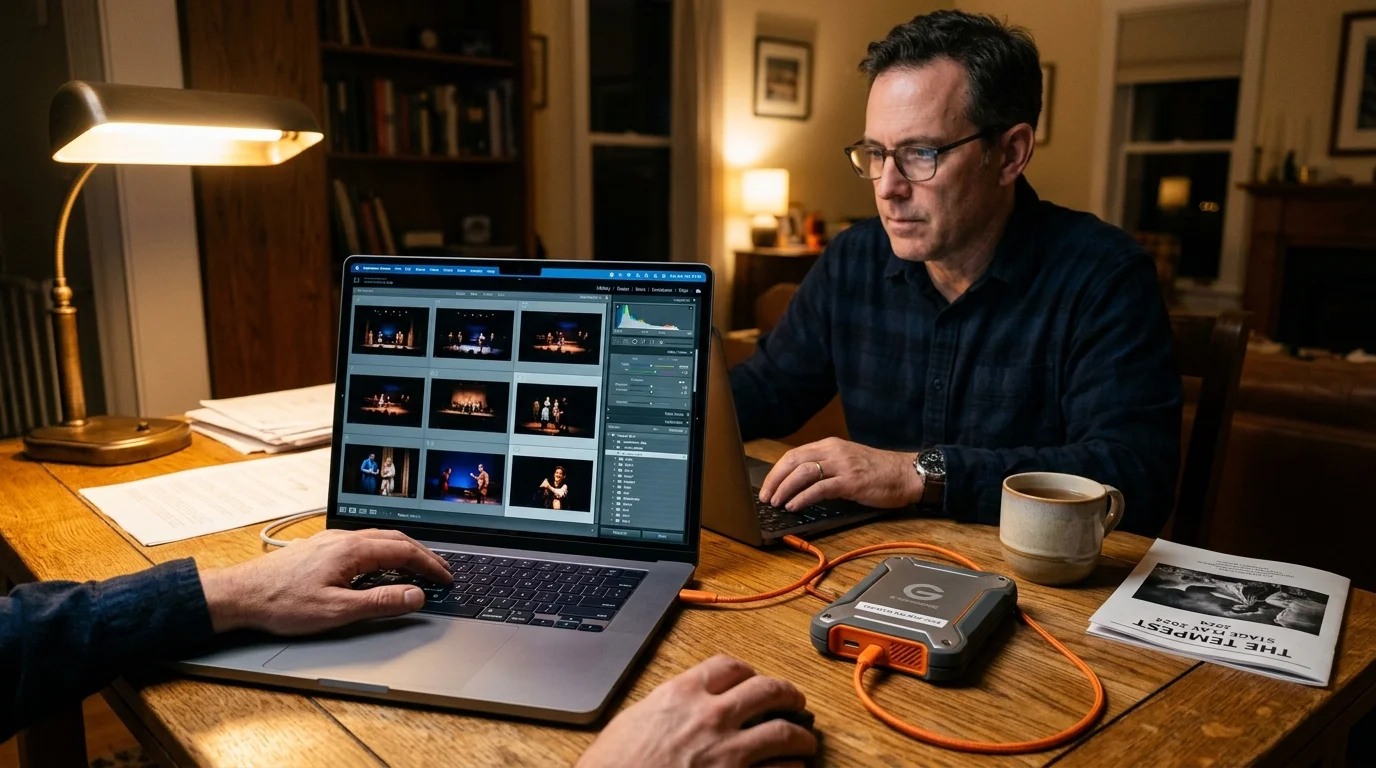 A man wearing glasses sits at a wooden desk with a laptop, external hard drive, and theater playbill.