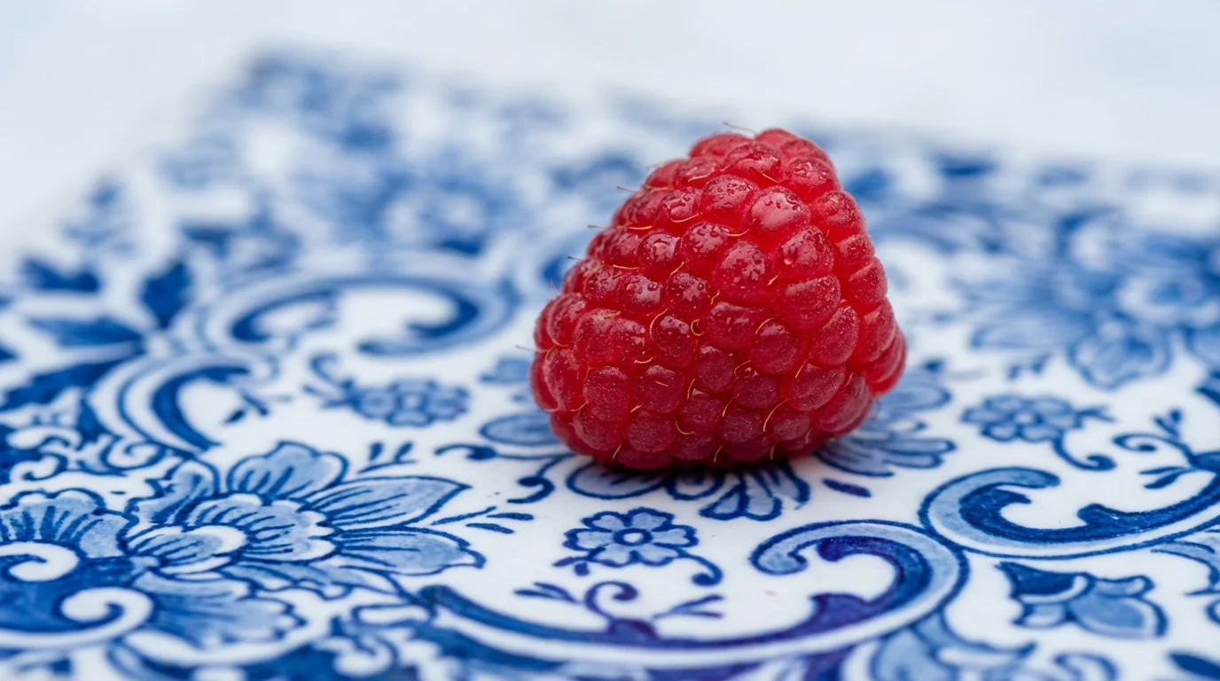 A photorealistic macro shot of a single red raspberry on an intricate blue porcelain tile.