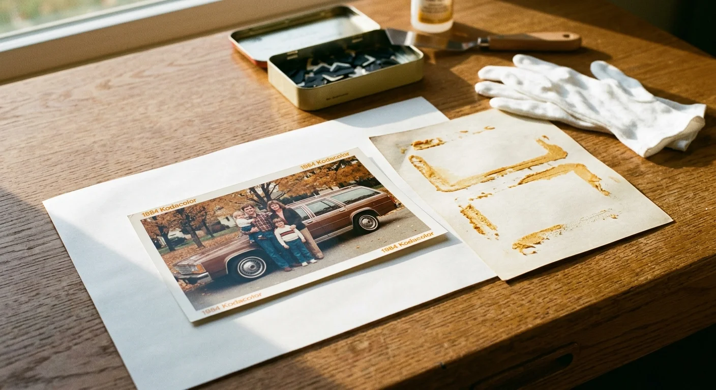 A vintage photograph of a family beside a station wagon sits next to an adhesive-stained backing sheet, gloves, and tools.