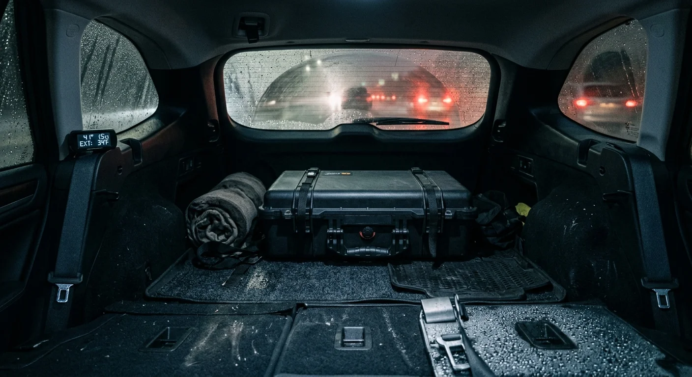 Black hard case sitting in the back of an SUV with rain-covered windows looking out onto evening traffic.