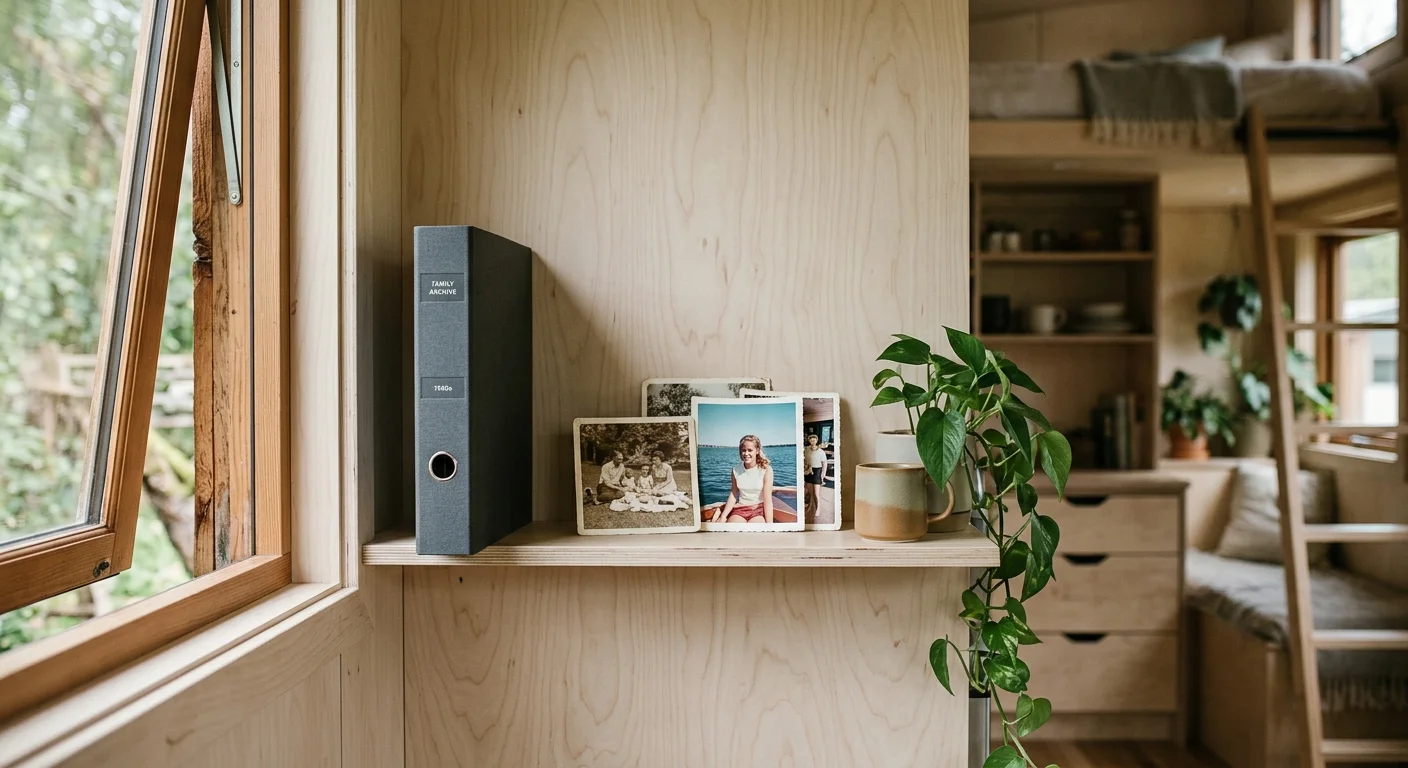 A gray archival binder, vintage printed photographs, a mug, and a houseplant sit on a wooden shelf in a tiny home.