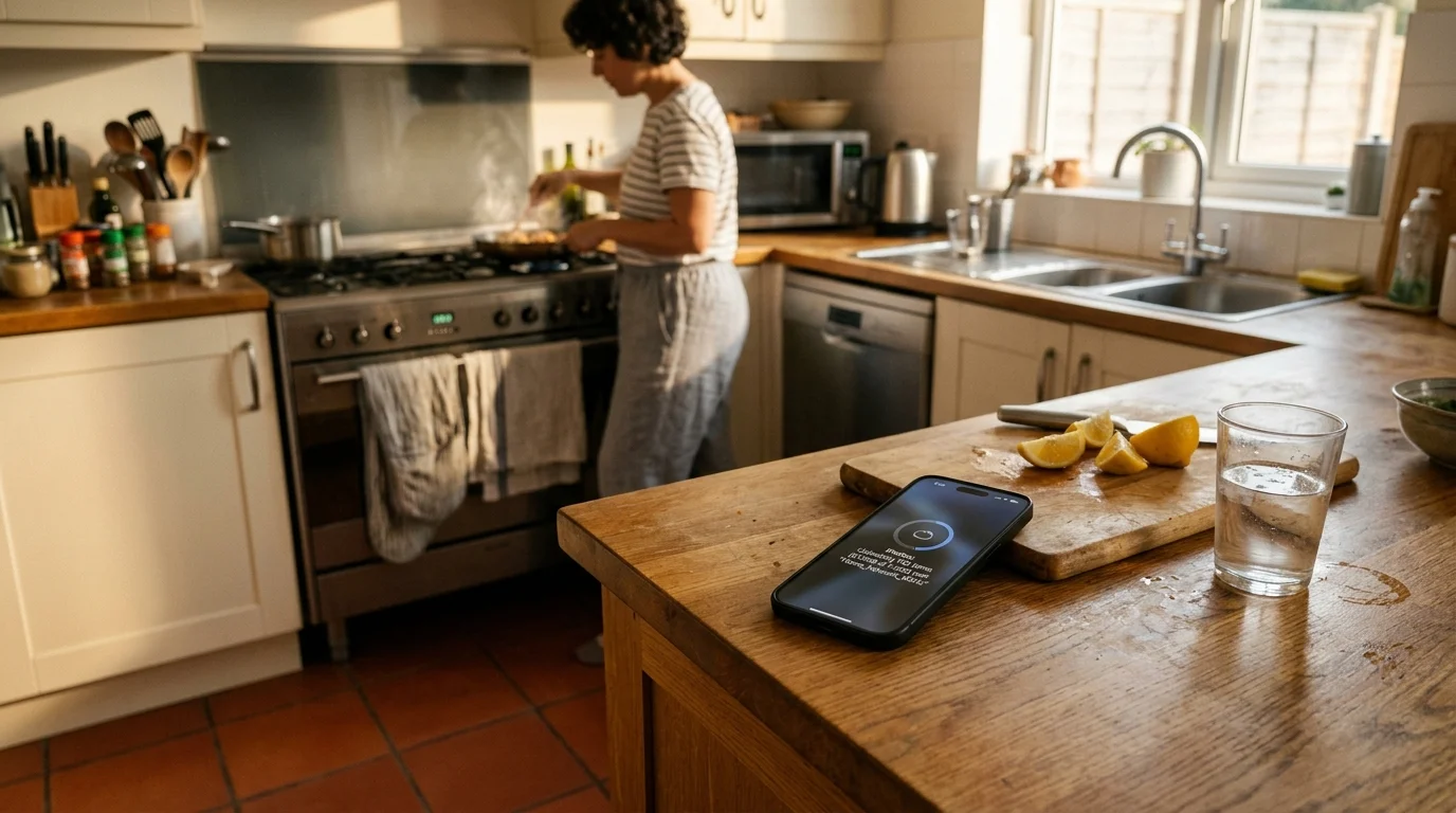 Smartphone resting on a kitchen counter near sliced lemons, with a person cooking by the stove in the background.
