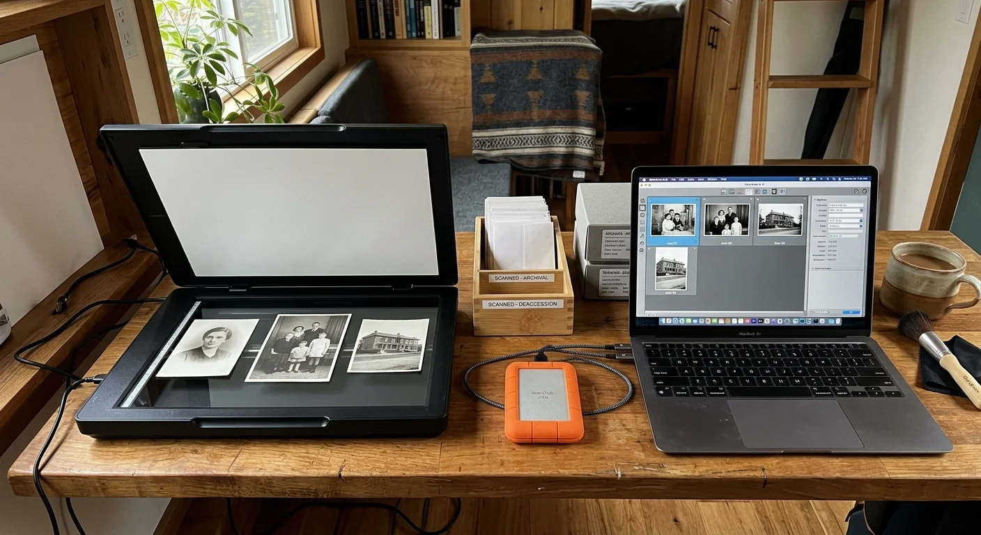 Flatbed scanner with vintage photos on the glass next to an external hard drive and laptop showing scanning software.