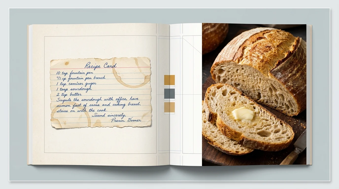 Open cookbook spread showing an aged handwritten recipe card layout beside a photo of sliced crusty sourdough bread.