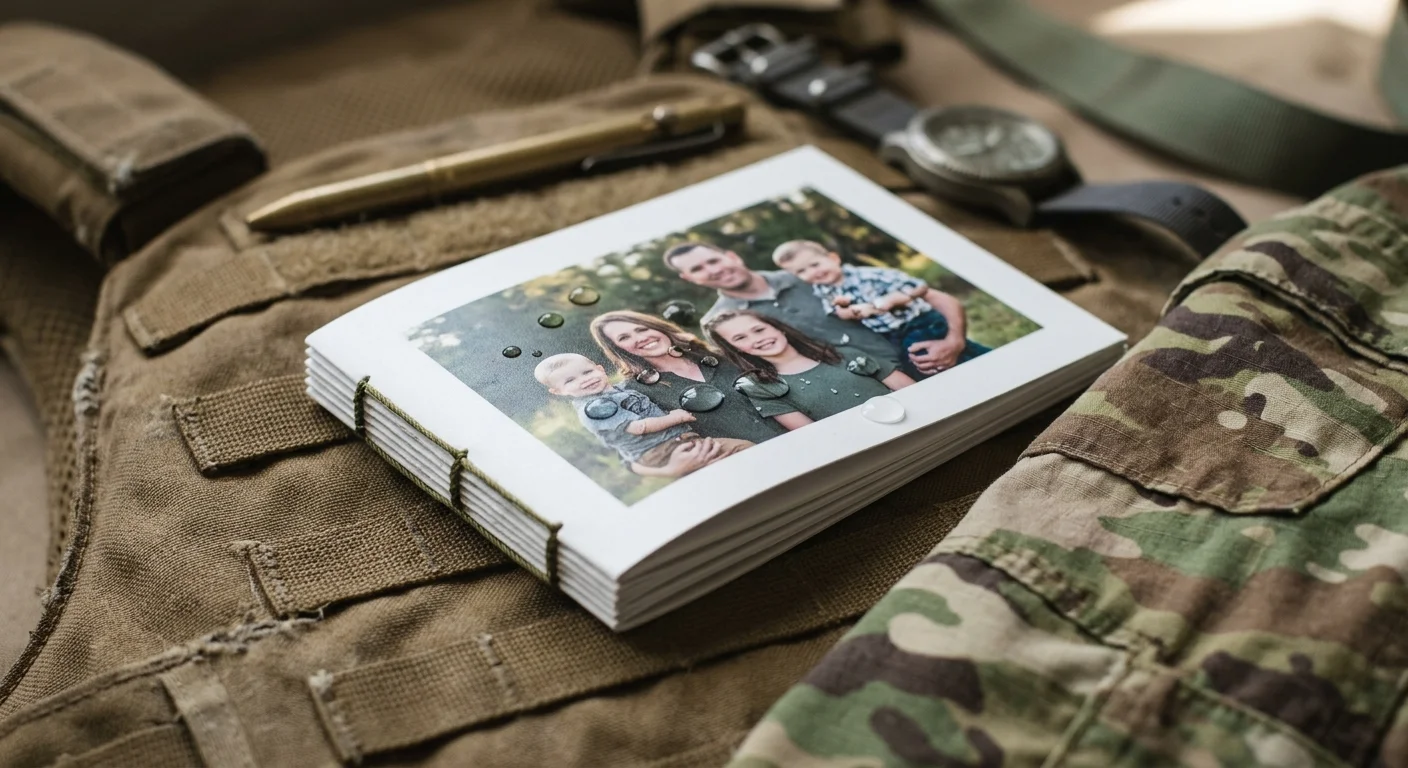 Water droplets bead on a small handmade photo album resting atop military camouflage gear and a tactical vest.