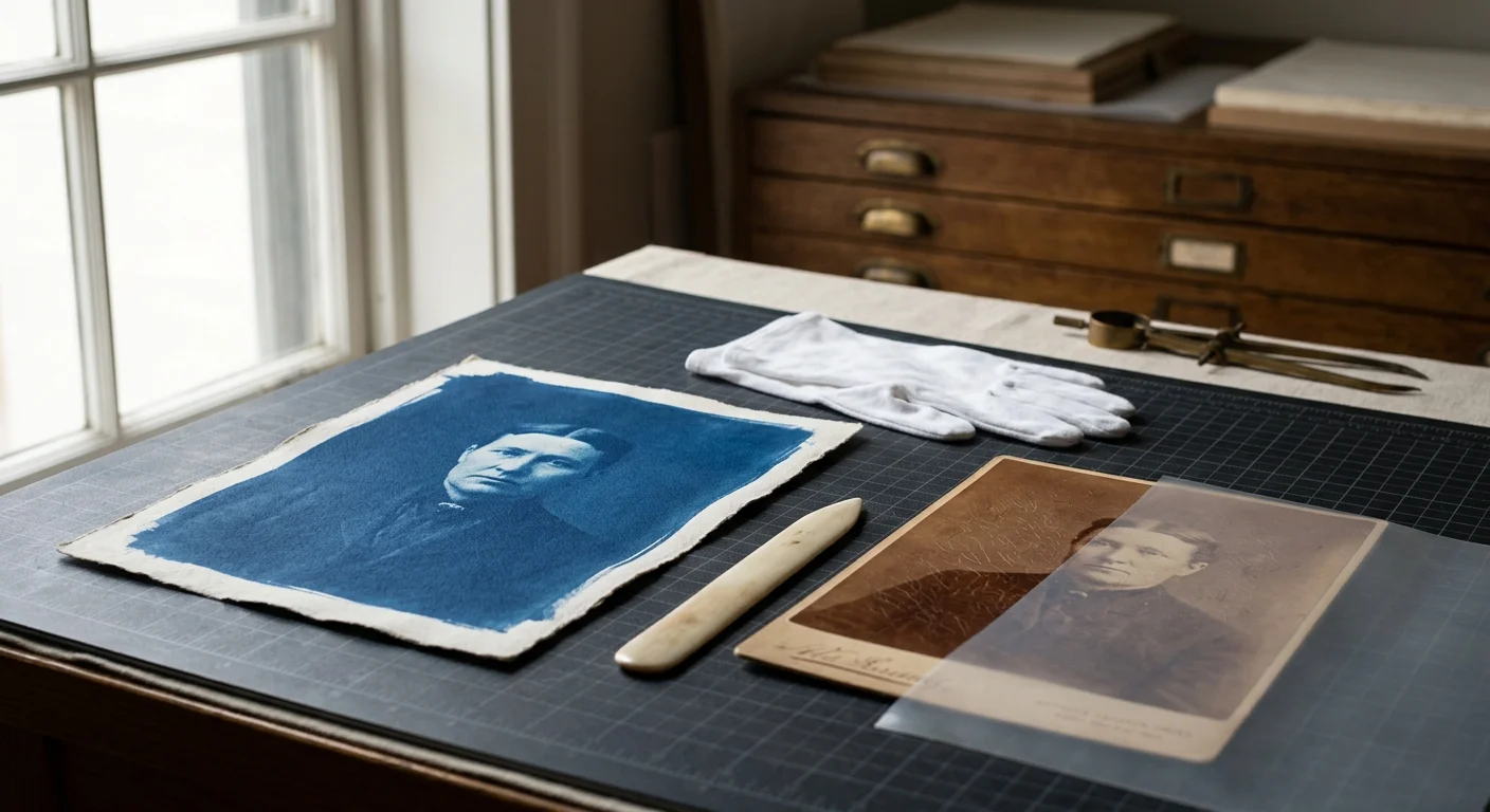 A cyanotype portrait alongside an albumen print, a bone folder, white gloves, and tools on a cutting mat.