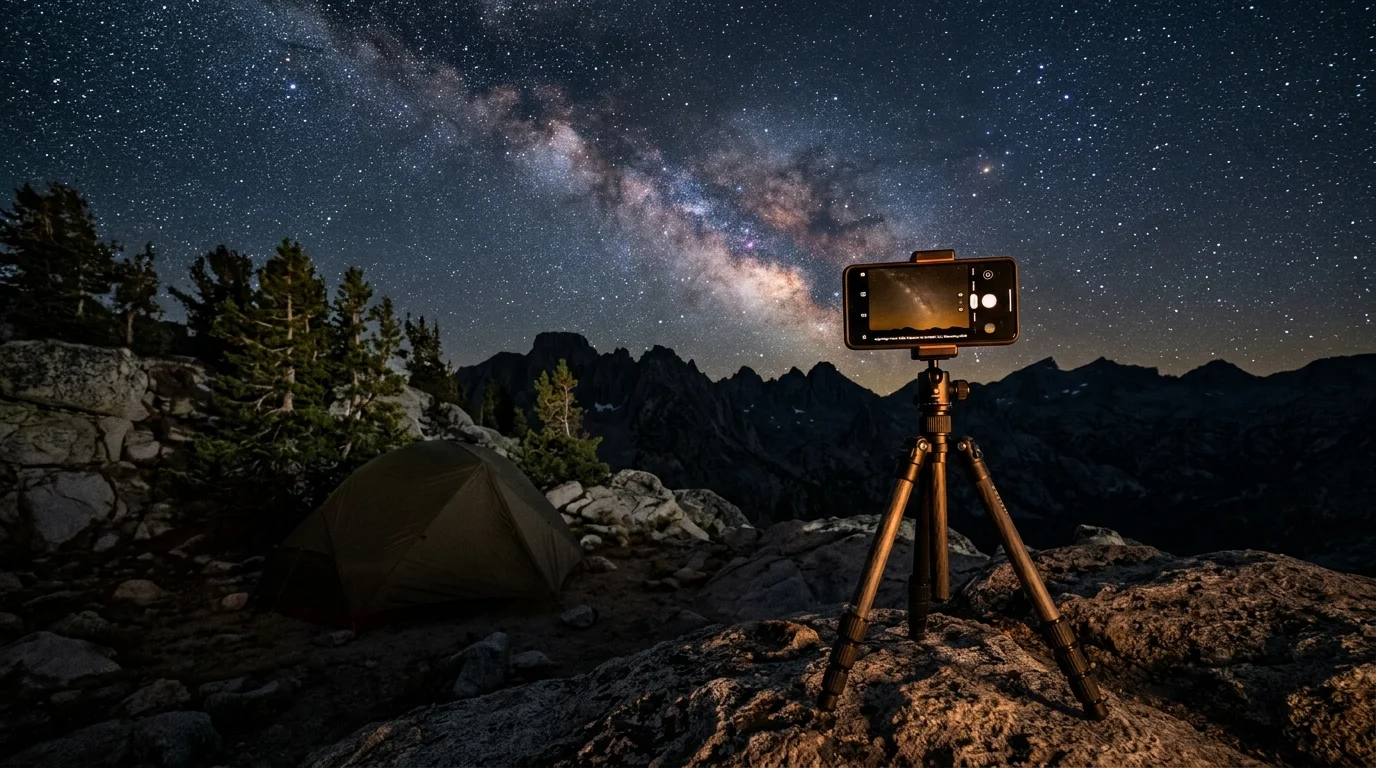 Smartphone mounted on a tripod photographing the Milky Way galaxy over mountains beside a backcountry tent at night.