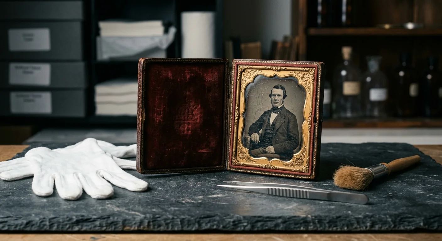 Framed antique ambrotype portrait in an open case beside white gloves, tweezers, and a brush on a slate work surface.
