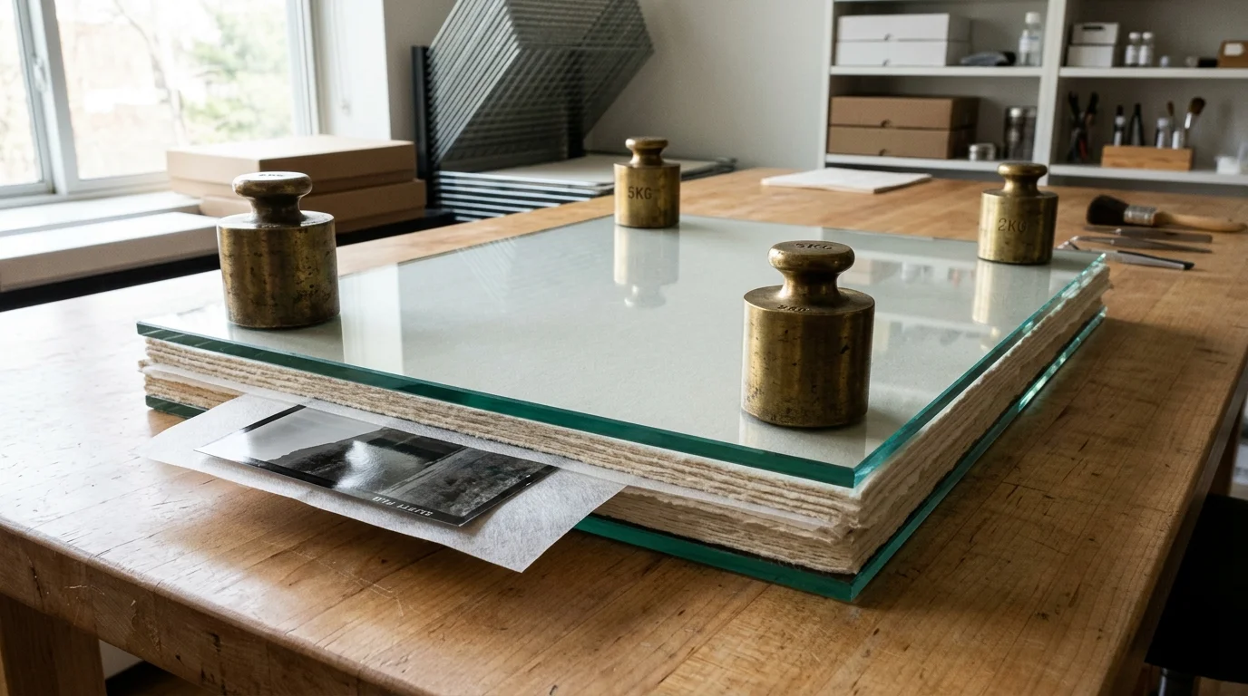 A stack of blotter paper weighted down by glass plates and metal weights on a wooden table, with a film negative inserted.