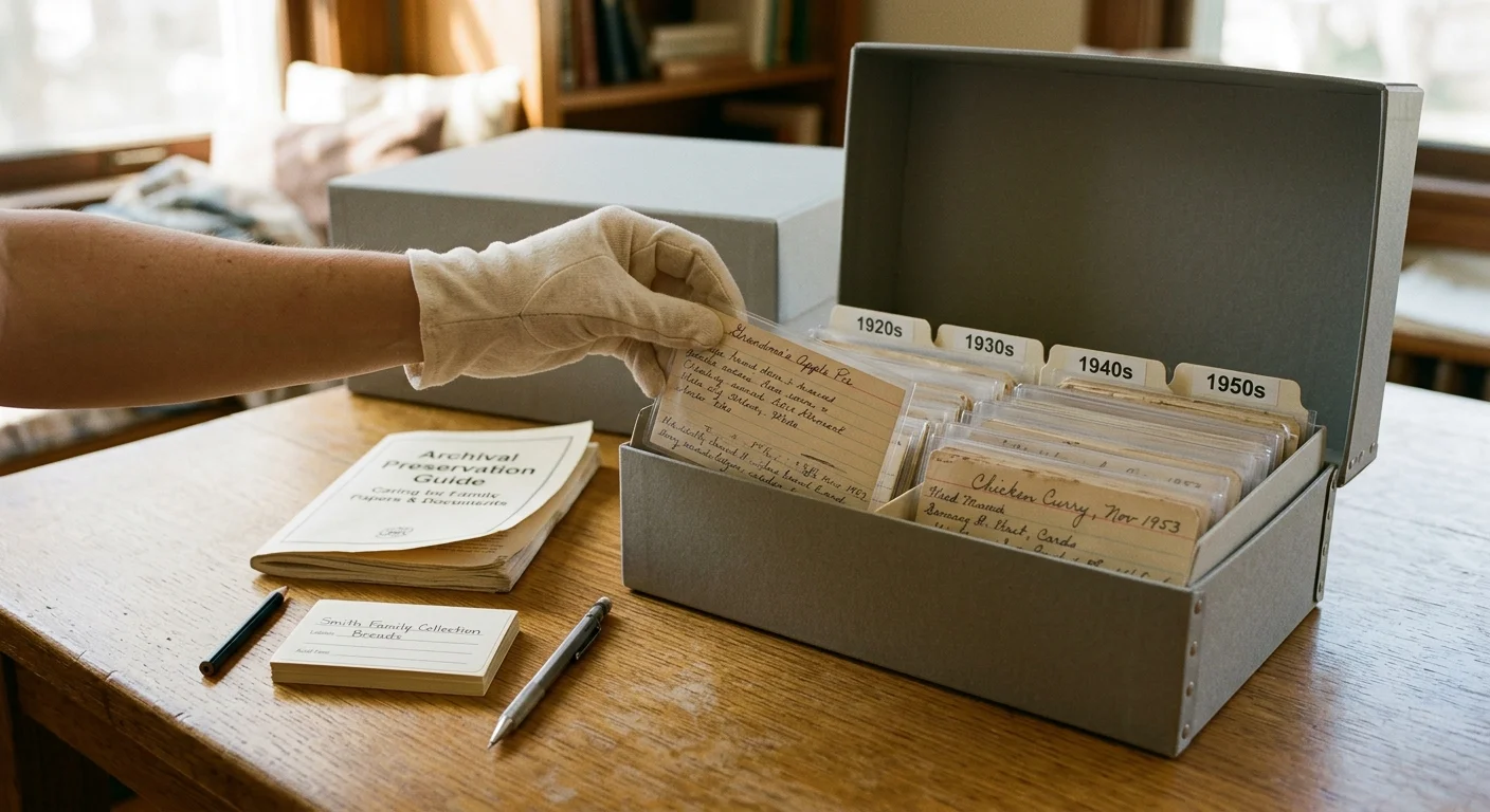 A gloved hand sorts sleeved vintage recipe cards into an archival storage box organized by decades.