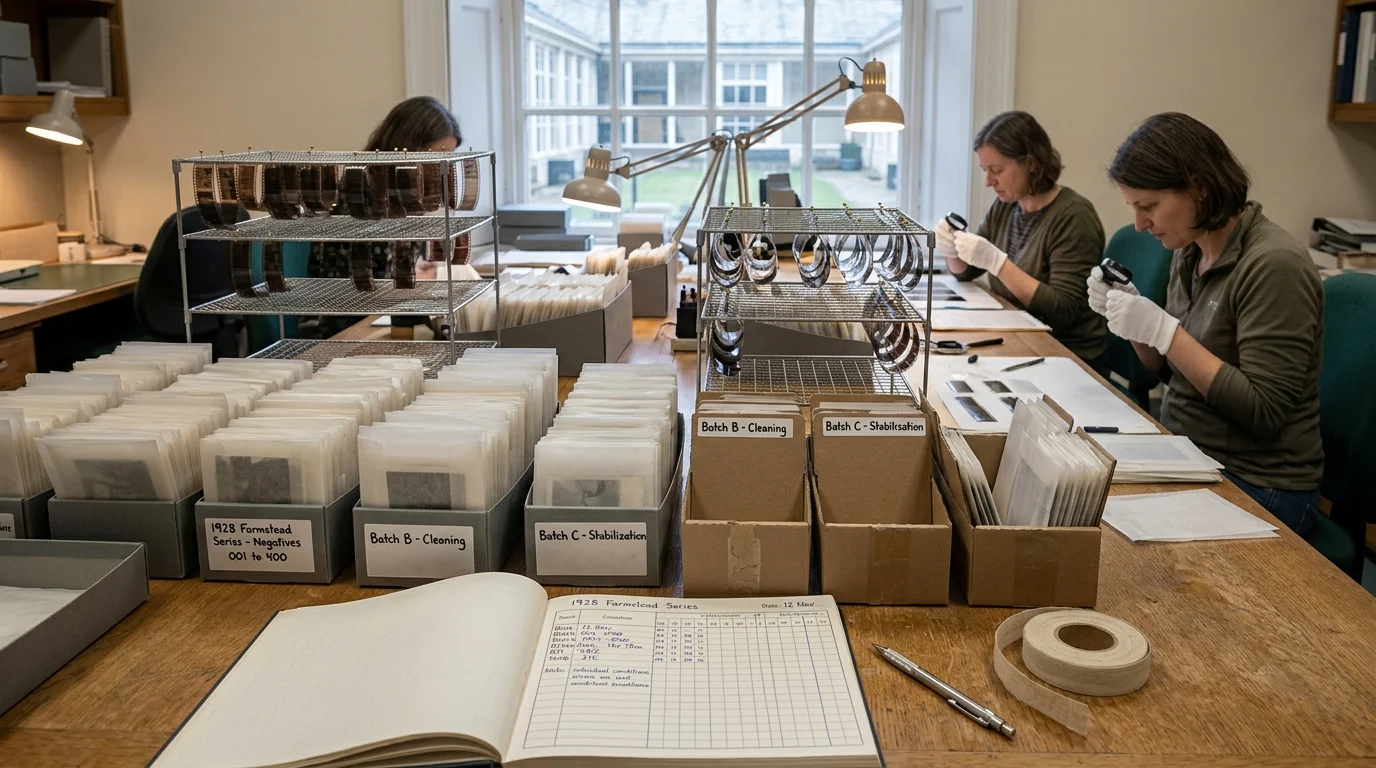Archivists in white gloves examine film strips beside drying racks, boxed negatives, and an open logbook on a wooden desk.
