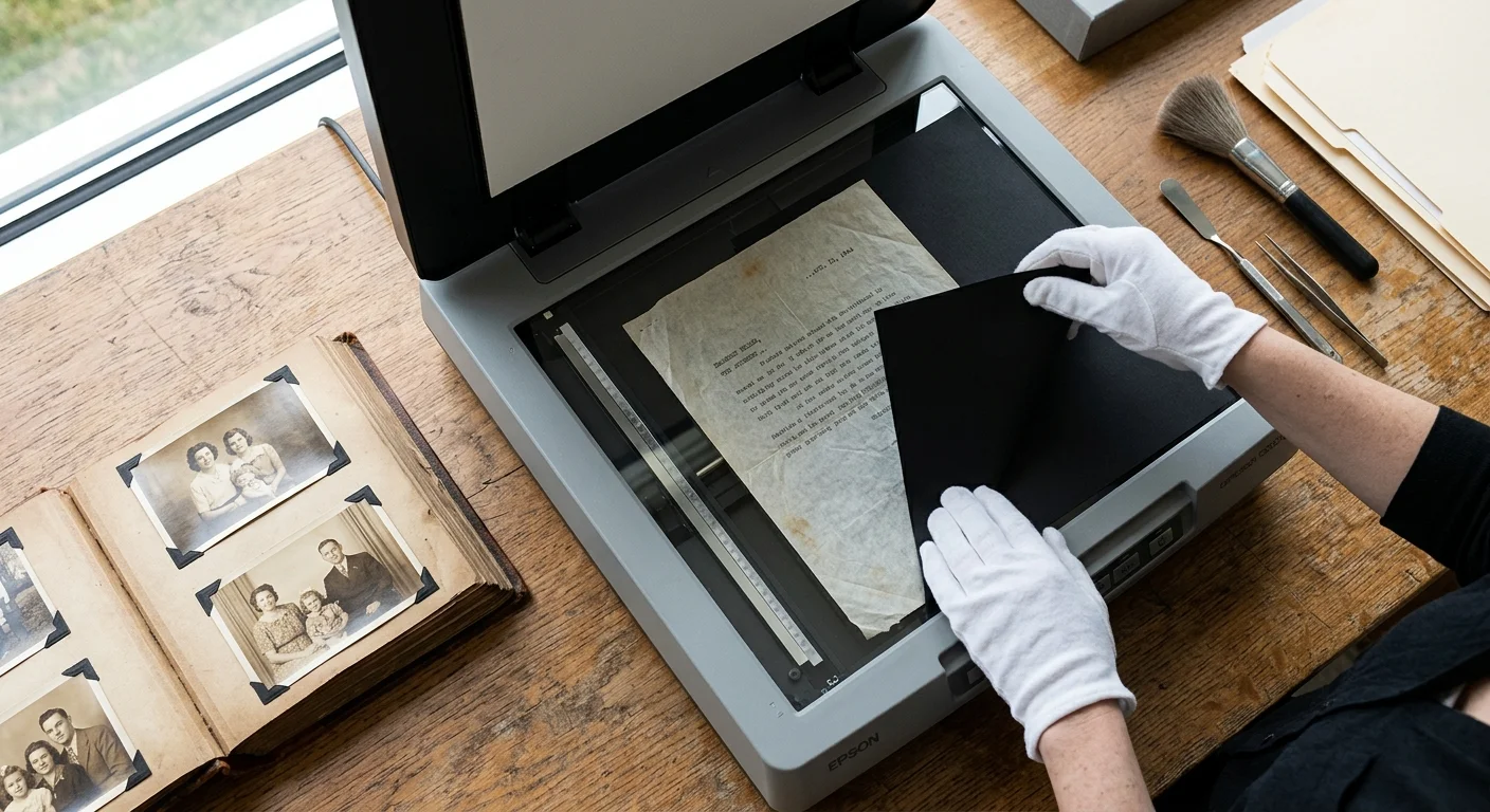 Gloved hands placing a black backing sheet over a translucent document on an open flatbed scanner.