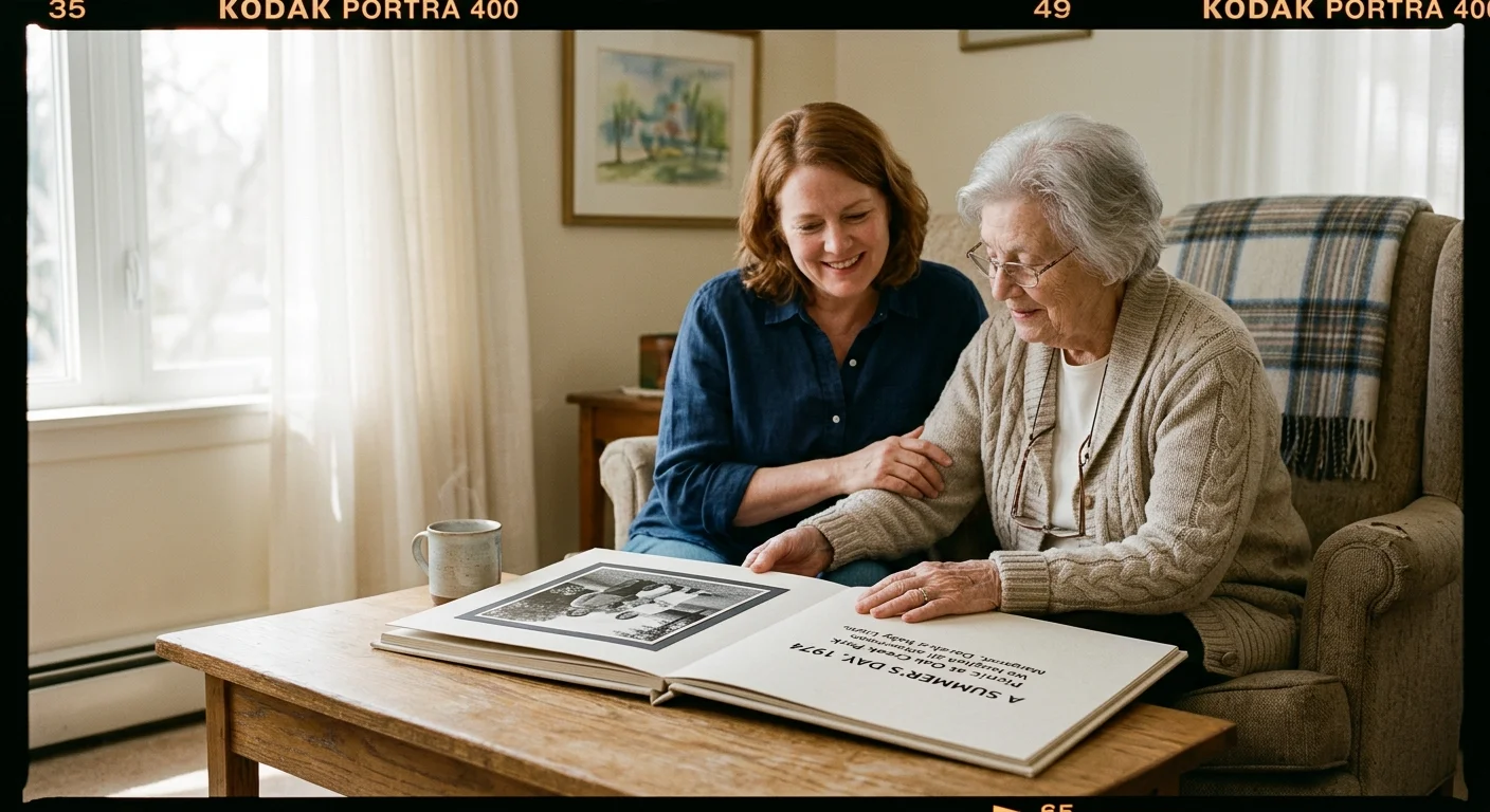 A smiling woman and an elderly woman look at an open photo album on a wooden coffee table indoors.