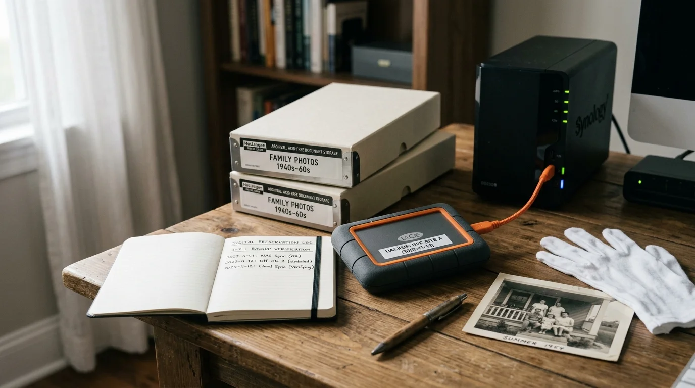 External hard drive connected to a Synology NAS on a wooden desk near archival storage boxes, a logbook, and old photos.