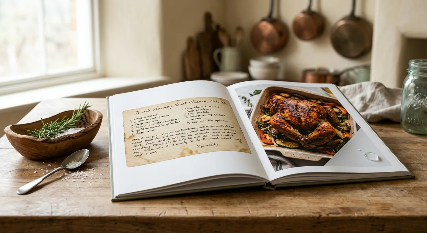 Open cookbook on a wooden kitchen counter showing a handwritten recipe card, roasted chicken, and water droplets on the page.