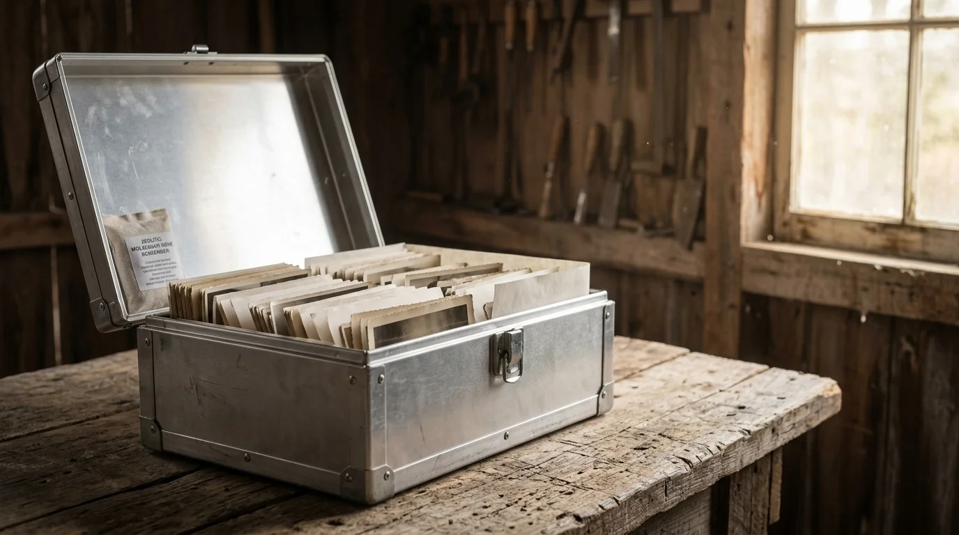 An open aluminum case filled with archived photos sits on a rustic wooden workbench in a workshop.