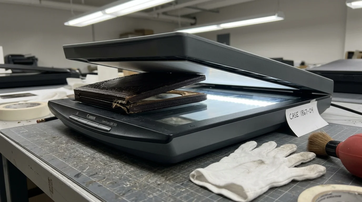 An antique photograph case resting open under the raised lid of a desktop flatbed scanner on a worktable.